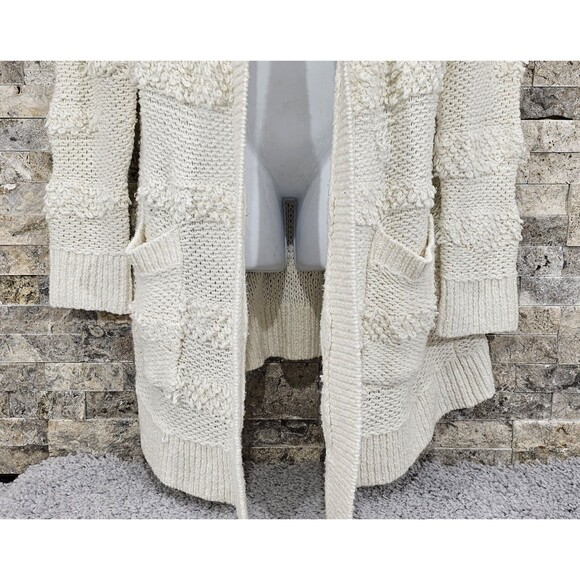 Womens Open Cardigan Sweater Pockets Long Chunky Knit Cream Boho Coastal Large - Picture 9 of 15